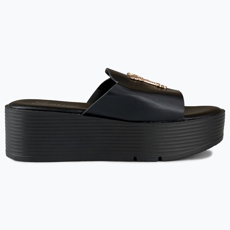 Schwarze Damen-Keilsandalen mit Goldverzierung