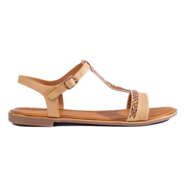 Flache beige Damensandalen mit Shelovet-Kristallen