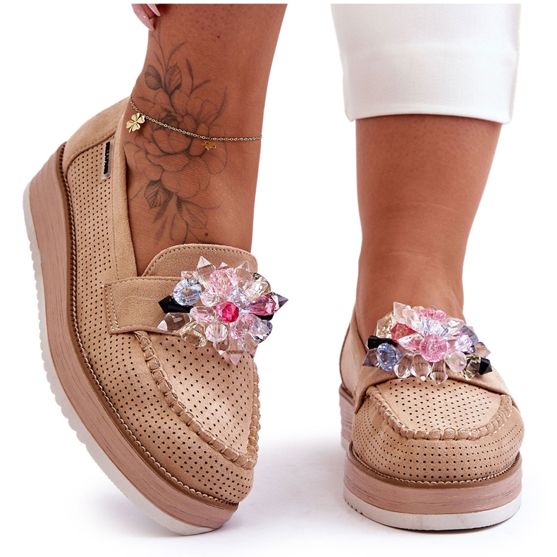 PM1 Damen-Plateau-Loafer mit Steinen Beige Elonore