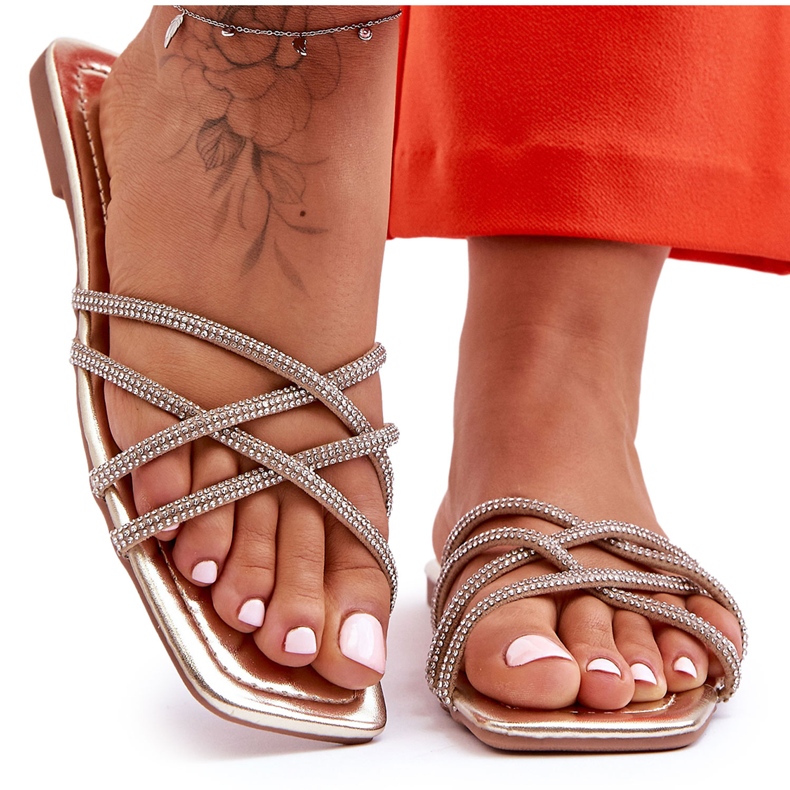 Damenhausschuhe mit Streifen und Strasssteinen Golden Leomi