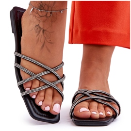 Damenhausschuhe mit Streifen und Strasssteinen Schwarz Leomi