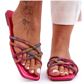 Damenhausschuhe mit Streifen und Strasssteinen Mehrfarbig Leomi rosa