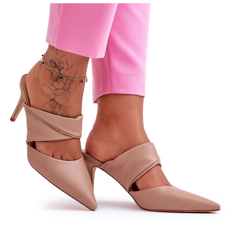 Inna Leder-High-Heel-Hausschuhe Dunkelbeige Aveline