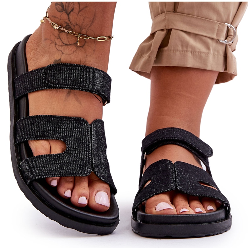 Damen-Hausschuhe mit Klettverschluss aus Stoff, Schwarz, Jose