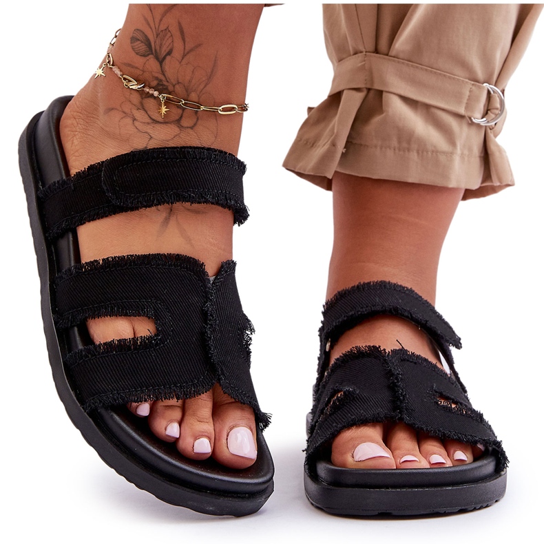 Damen-Hausschuhe aus Stoff mit Klettverschluss, Schwarz, Lamirose