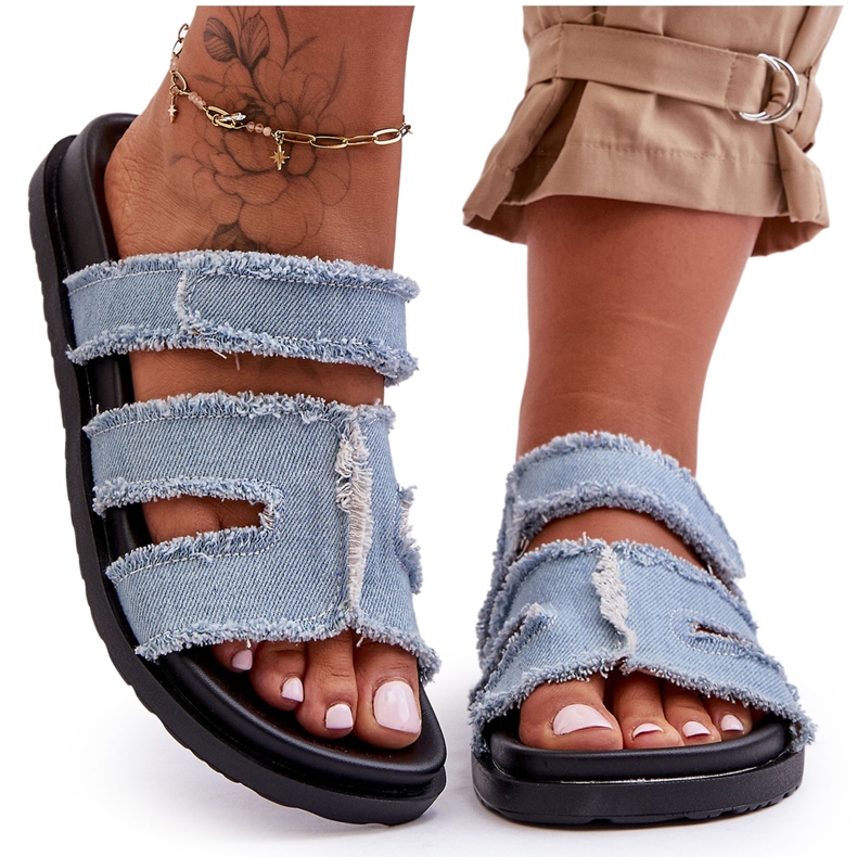 Damen-Hausschuhe aus Stoff mit Klettverschluss, Blau Lamirose