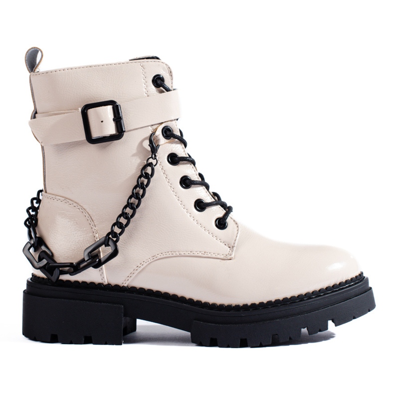 Beige lackierte Arbeiterstiefel mit Shelovet-Kette