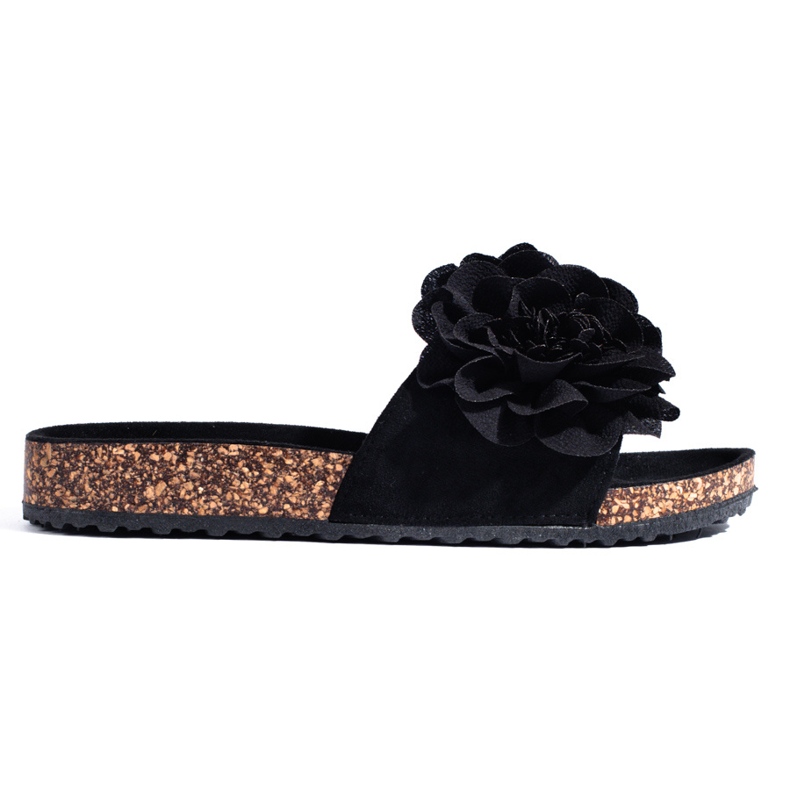 Schwarze Korksandalen von Shelovet mit Blumen