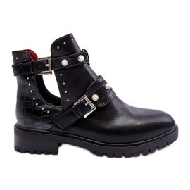 Damen Trapper-Stiefel mit Perlen Schwarz Klarisa