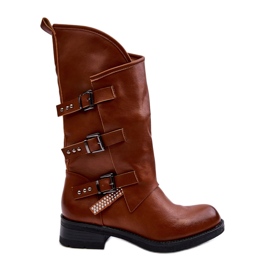 Damen-Lederstiefel mit flachem Absatz und hohem Absatz in Braun Nyreo