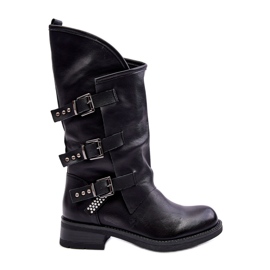 Damen-Lederstiefel mit flachem Absatz und hohem Absatz in Schwarz Nyreo