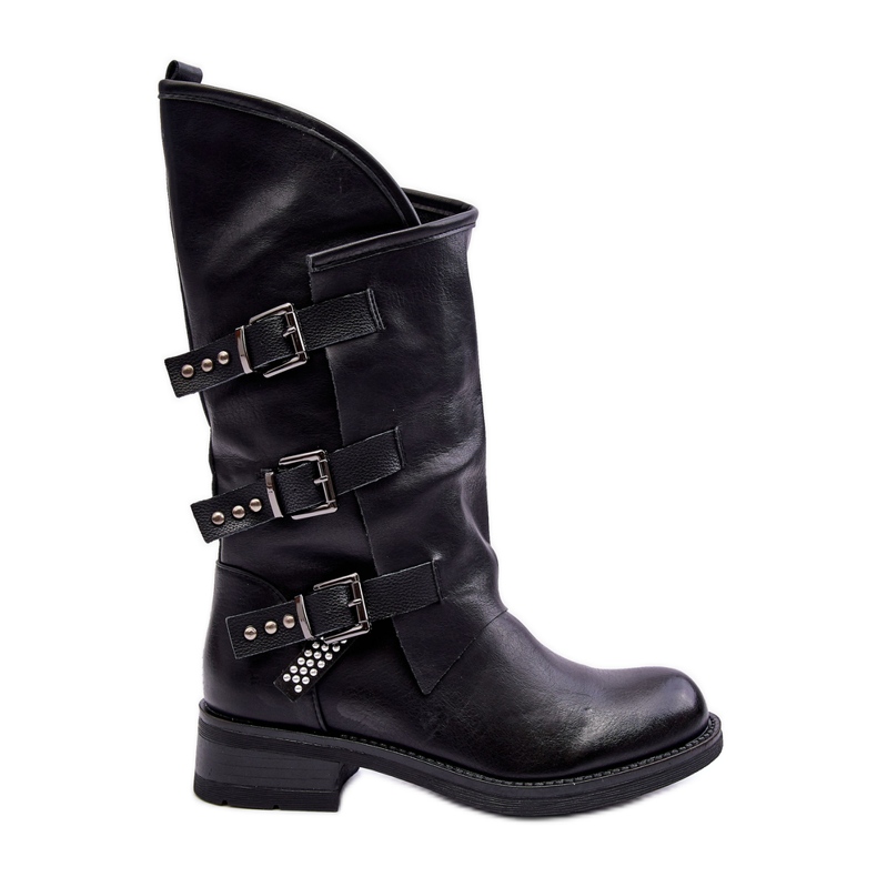 Damen-Lederstiefel mit flachem Absatz und hohem Absatz in Schwarz Nyreo