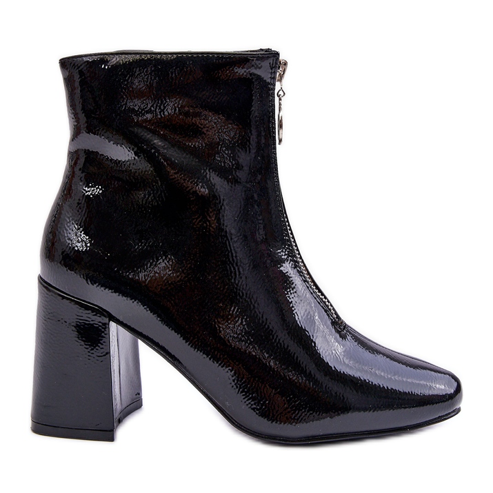 Lackierte Stiefel mit dekorativem Reißverschluss, schwarzes Sevil