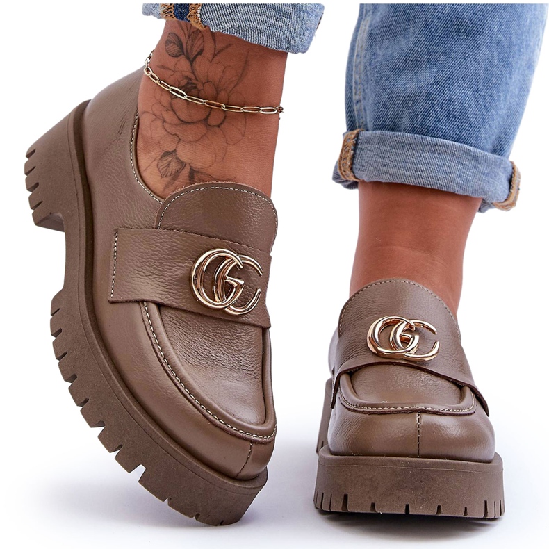 Laura Messi Damen-Lederschuhe mit Verzierung dunkelbeige Rosefalls