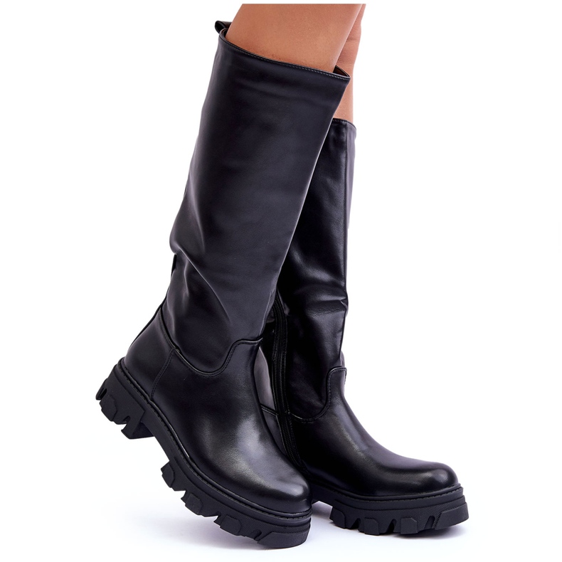 Sergio Leone Damen-Lederstiefel mit flachem Absatz, Schwarz Nenet