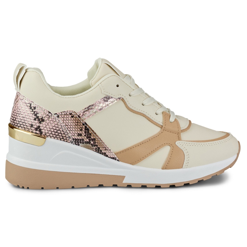 Beige Damen-Schnürschuhe mit niedrigem Keilabsatz