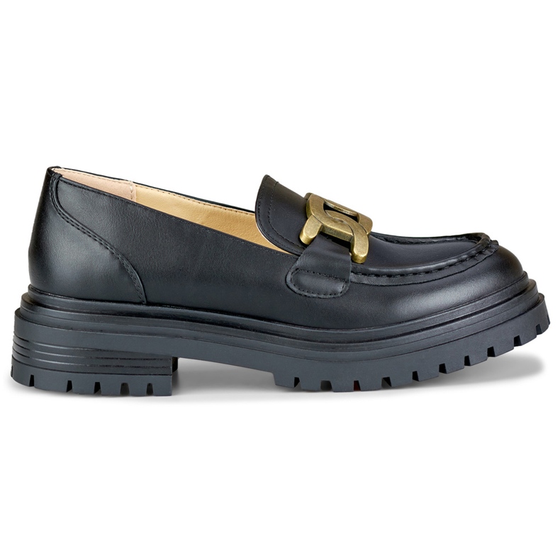 Schwarze Slipper mit goldener Schnalle