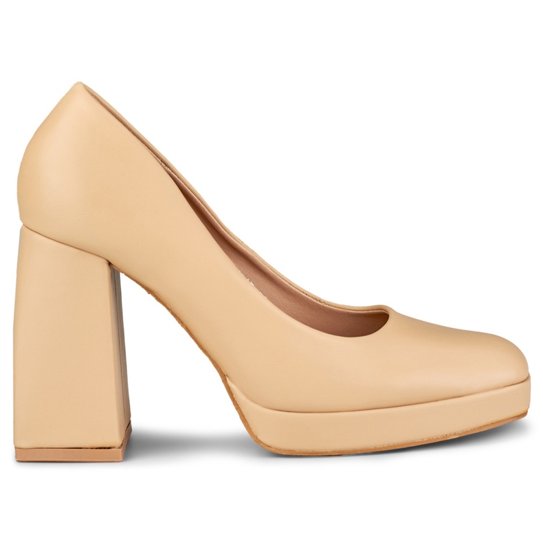 Beigefarbene Pumps auf breitem High-Heel