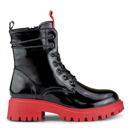 Lackierte schwarze Damen-Arbeitsstiefel mit roter Sohle