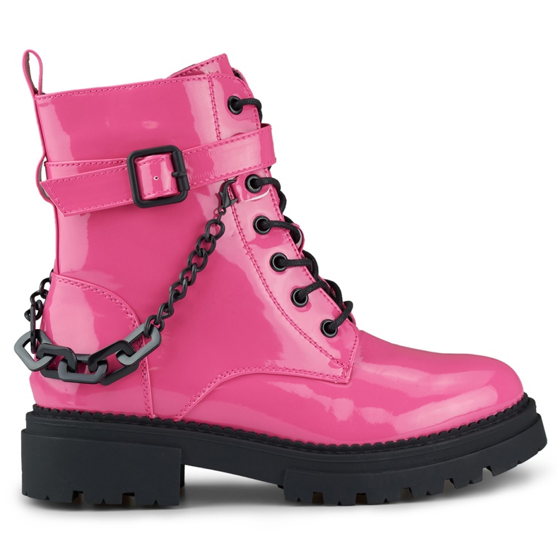 Damen-Arbeiterstiefel aus rosafarbenem Lackleder mit abnehmbarer Kette