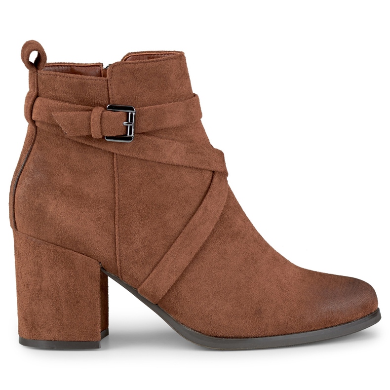 Braune Damenstiefel auf Pfosten mit Zierschließe