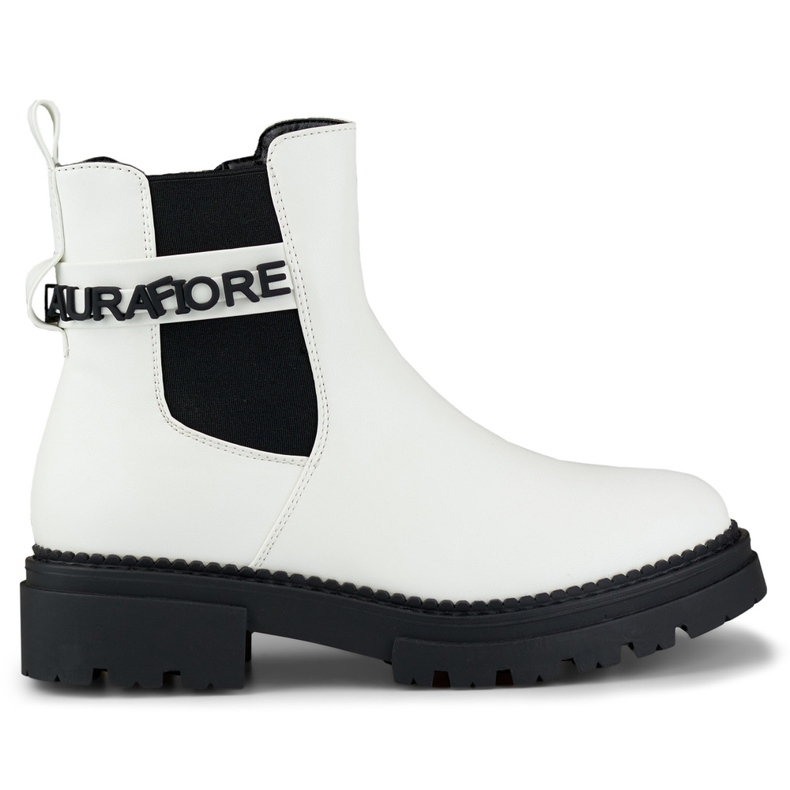 Weiße Damenstiefel aus Öko-Leder mit dekorativer Aufschrift