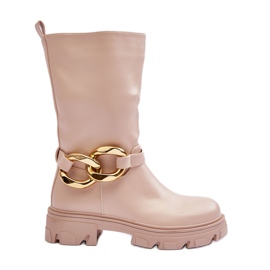 Lederstiefel mit flachem Absatz Beige Diominna