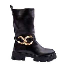 Lederstiefel mit flachem Absatz, Schwarz, Diominna