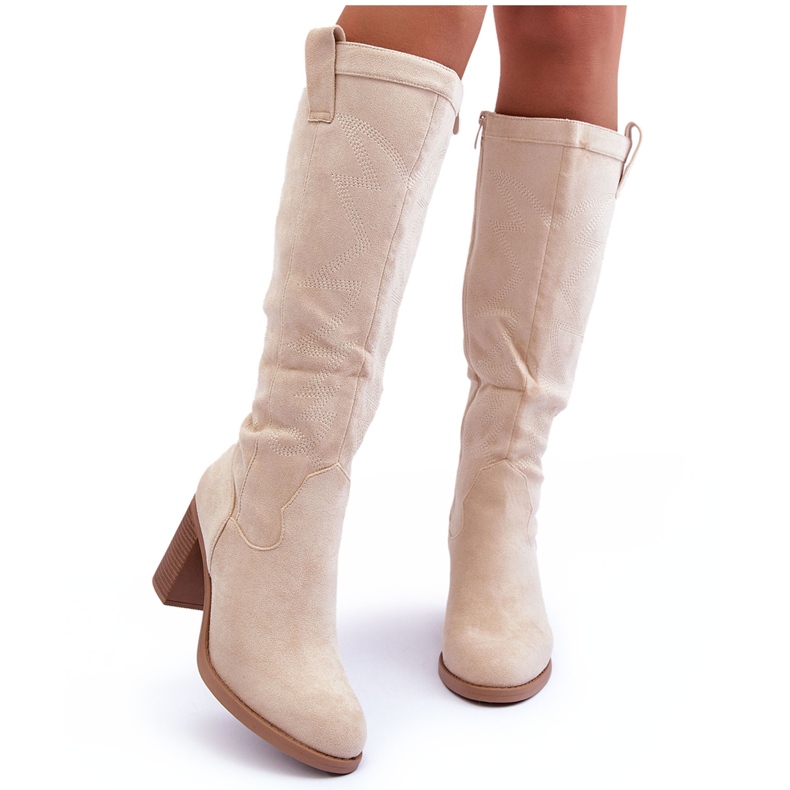 Damen-Wildlederstiefel mit hohem Absatz Hellbeige Khabira