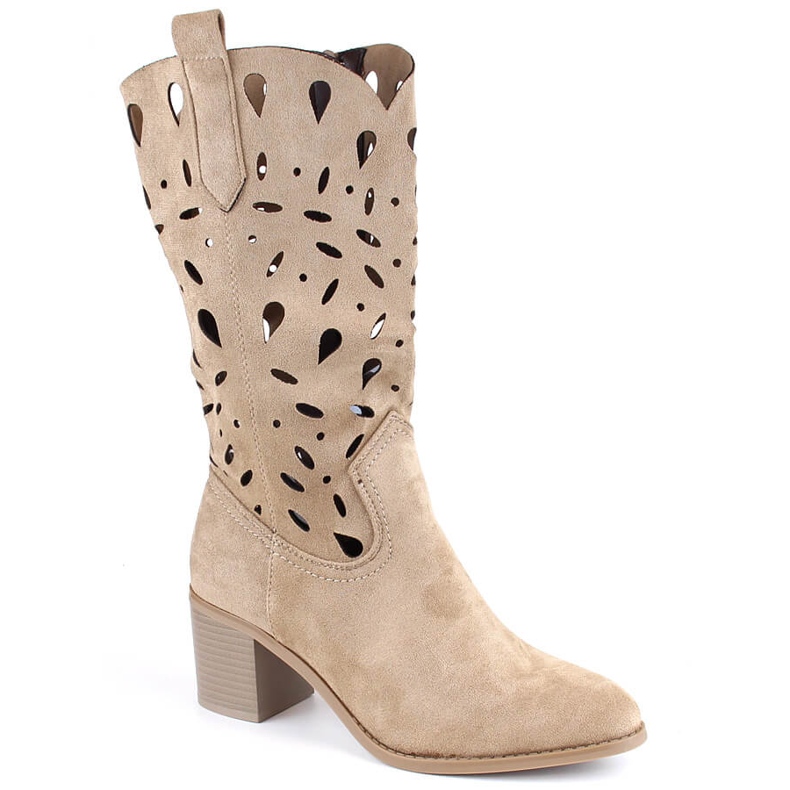M. DASZYŃSKI Warme, durchbrochene Cowboystiefel für Damen in Beige M.Daszyński MR2337-3
