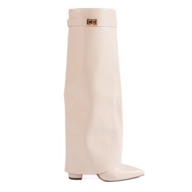 Cremefarbene Stiefel mit hohem Absatz und gerolltem Schaft von Shelovet beige