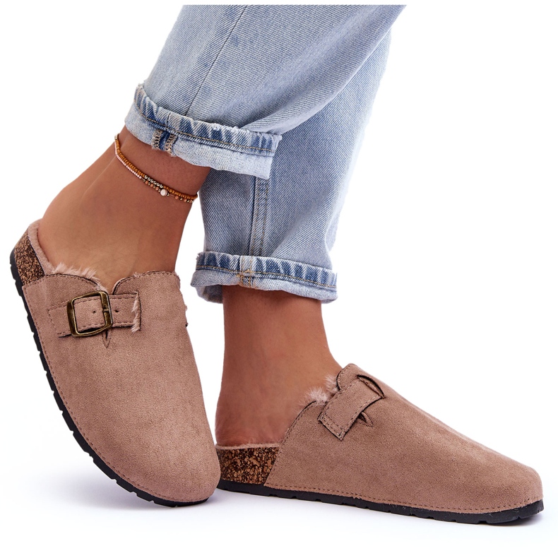 Beige Damen-Flip-Flops aus Wildleder mit Fell Haidamia