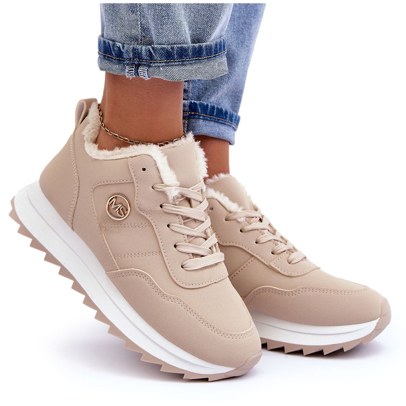 Isolierte Sportschuhe aus Leder auf Plateausohle, Beige Adite