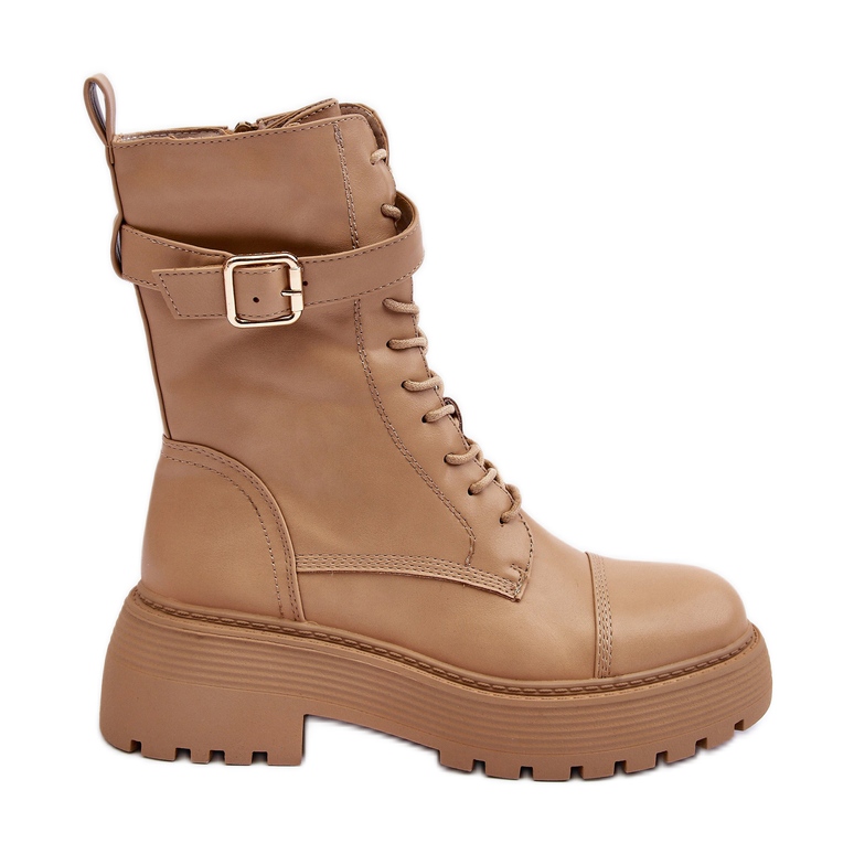 Leder-Arbeiterstiefel mit flachem Absatz und Schnalle, Beige Samivlo