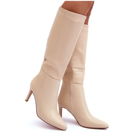Beige Serpens-Lederstiefel mit hohem Absatz