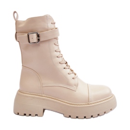 Worker-Stiefeletten aus Leder mit flachem Absatz und Schnalle in Hellbeige von Samivlo