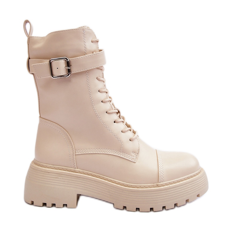 Worker-Stiefeletten aus Leder mit flachem Absatz und Schnalle in Hellbeige von Samivlo