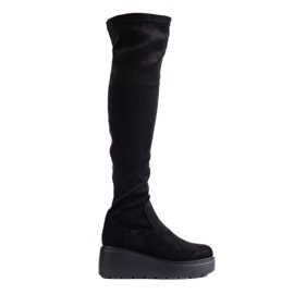 Schwarze Overknee-Stiefel aus Wildleder auf der Shelovet-Plattform