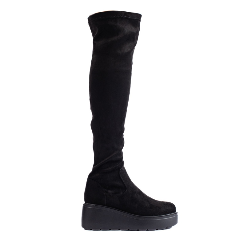 Schwarze Overknee-Stiefel aus Wildleder auf der Shelovet-Plattform