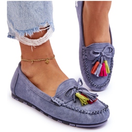 Blaue Wildledermokassins mit Schleife und Fransen