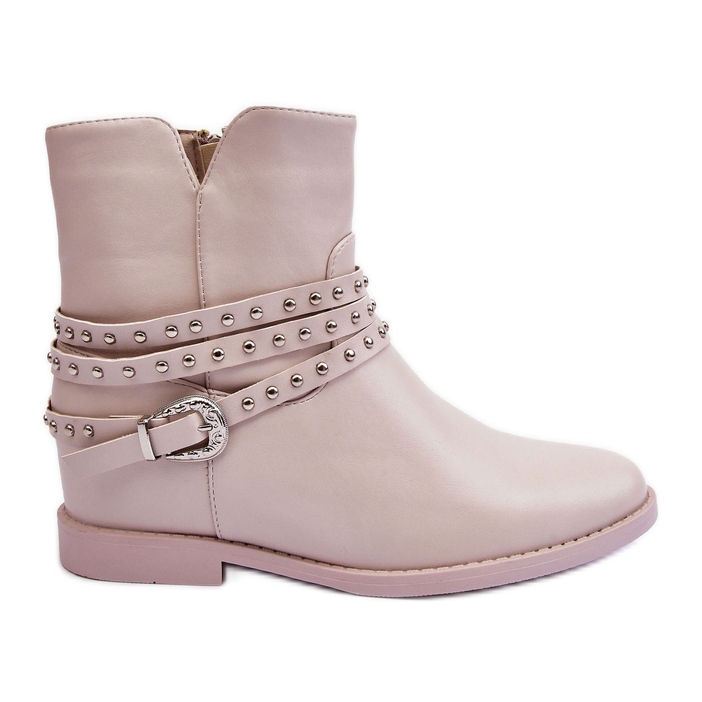 Beige verzierte flache Damenstiefel aus Leder von Adkrana