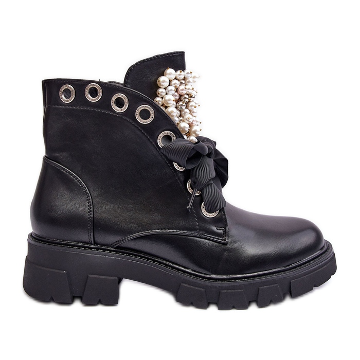 Verzierte niedrige flache Stiefel Black Binga schwarz