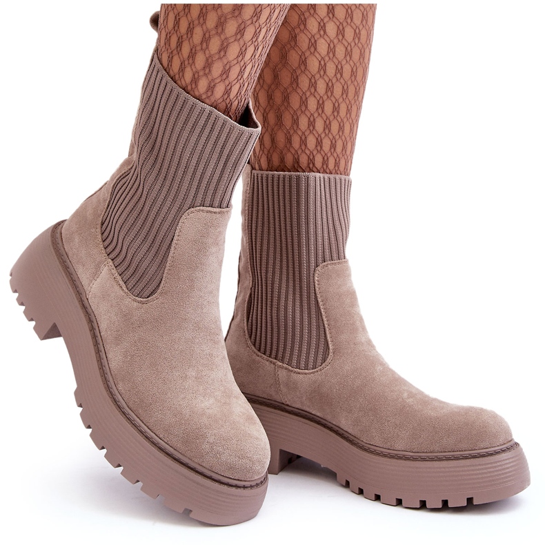 PS1 Wildleder-Stiefeletten mit Socke auf Plateau und flachem Absatz, dunkelbeige Rewam