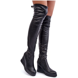 PS1 Schwarze Ambre-Leder-Overknee-Stiefel mit Keilabsatz