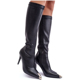 S.Barski MR870-59 Overknee-Stiefel aus Leder mit hohem Absatz, Schwarz