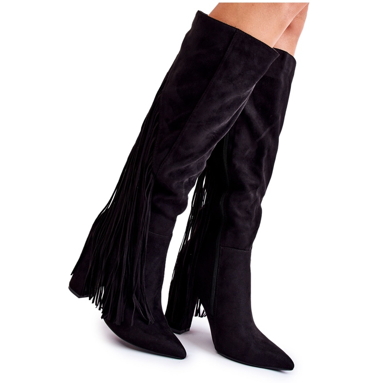 Diamantique Schwarze Avilla Wildlederstiefel mit Fransen