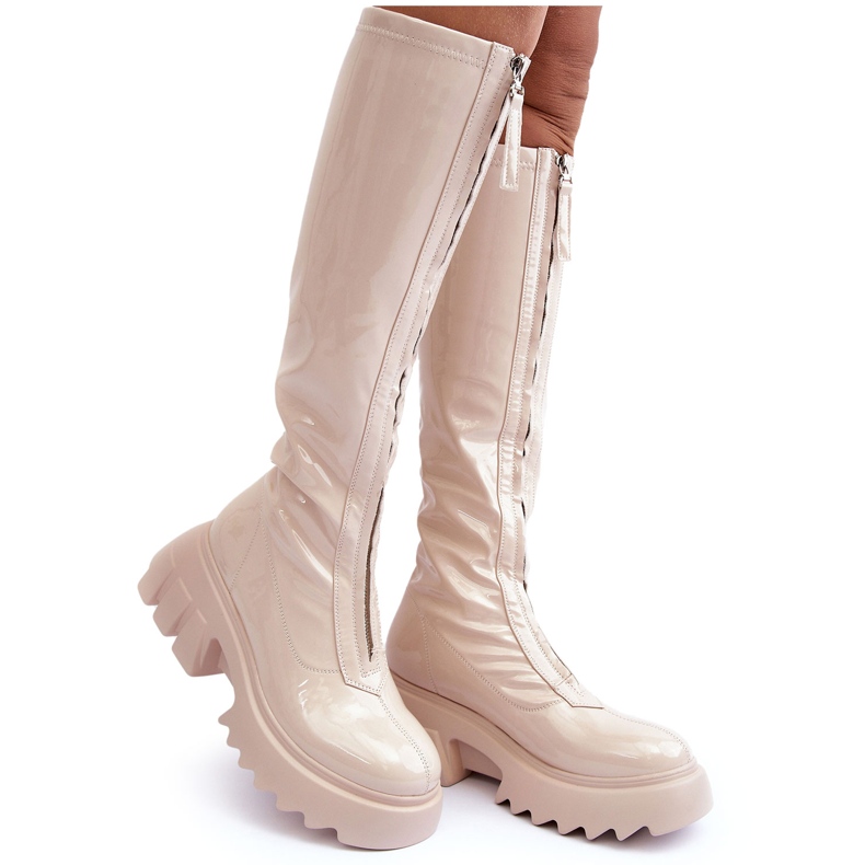 PS1 Lackstiefel auf massivem Plateau mit Reißverschluss, Beige Ringo