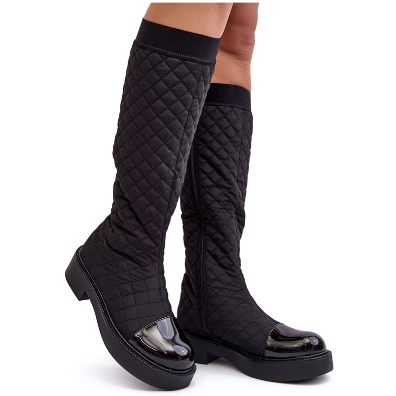 PS1 Gesteppte Overknee-Stiefel mit flachem Absatz, Black Amalfri schwarz