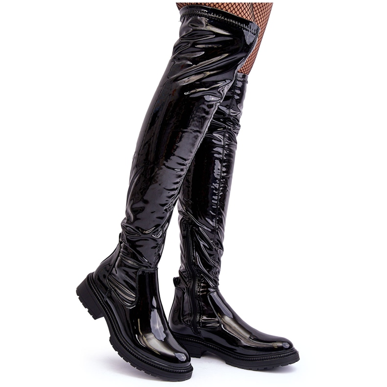 PS1 Lack-Overknee-Stiefel mit flachem Absatz, schwarzes Rilema