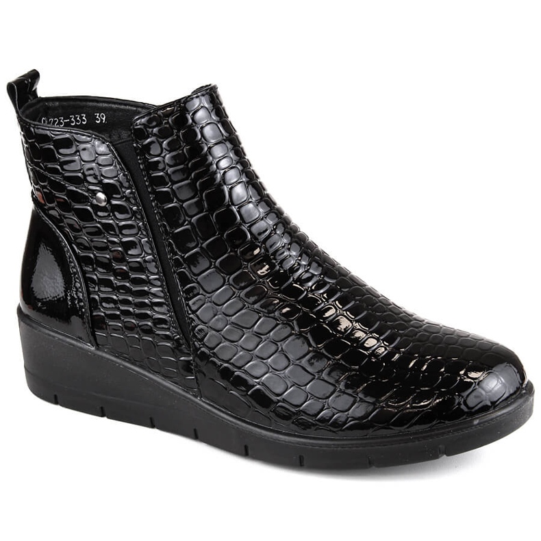 Schwarze Lack-Damenstiefeletten mit Keilabsatz im Schritt, T.Sokolski Z23-333